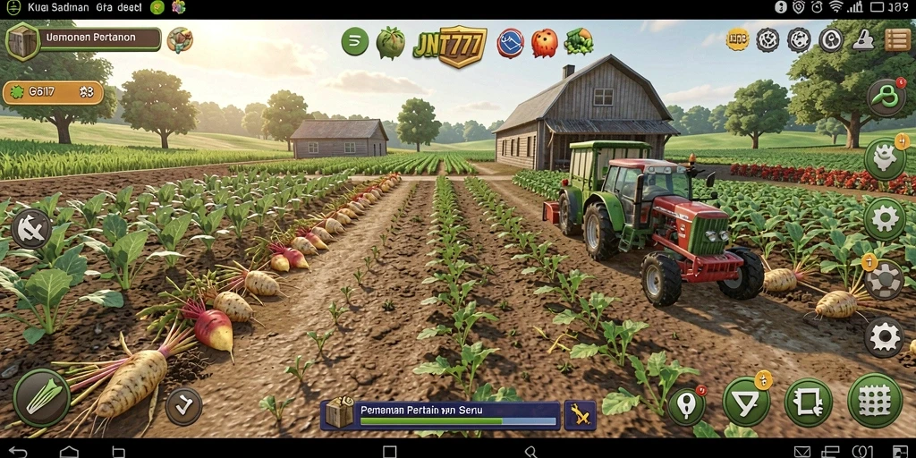 Tampilan gameplay JNT777 yang menggambarkan aktivitas bertani yang seru.