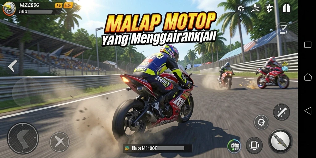 Screenshot gameplay MZ356 menampilkan balapan motor yang mendebarkan di trek yang menantang.