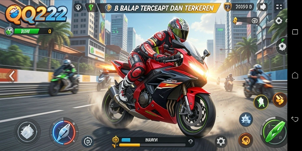 Gameplay seru di QQ222 dengan balapan motor cepat.